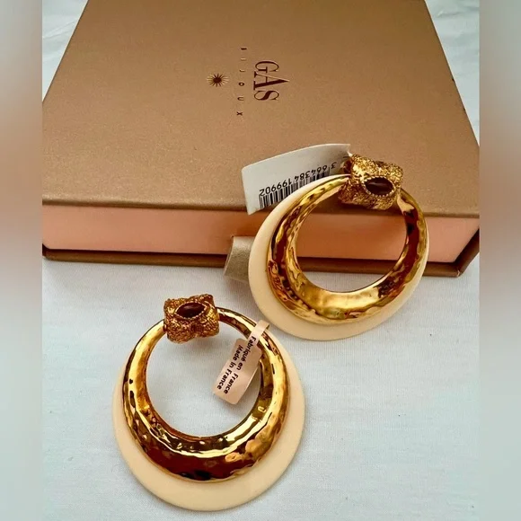 Gas Bijoux Authentic Meknes 24KGold Plated Hoop Earrings Marquise Glass Cabochon